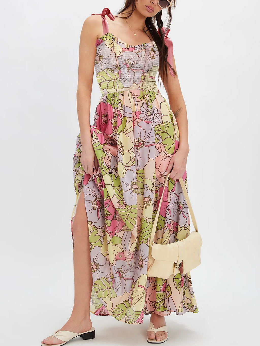 Tie Shoulder Smocked Floral Tiered Maxi Dress - Floral