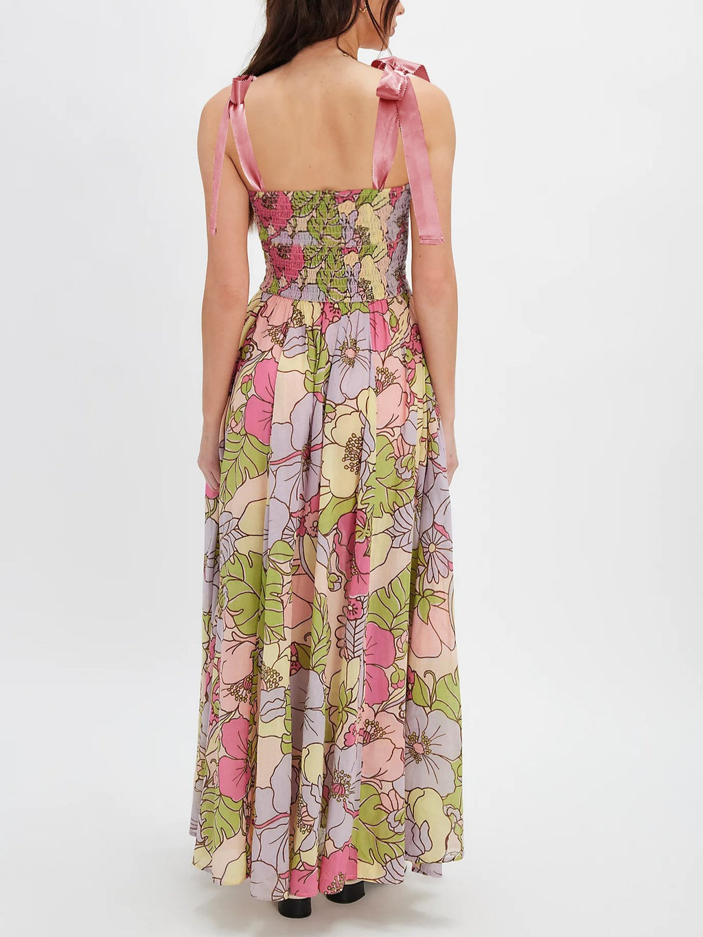 Tie Shoulder Smocked Floral Tiered Maxi Dress - Floral - 1