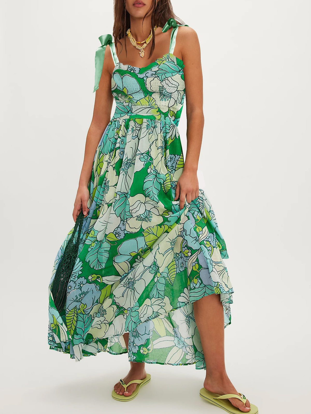 Tie Shoulder Smocked Floral Tiered Maxi Dress - Green