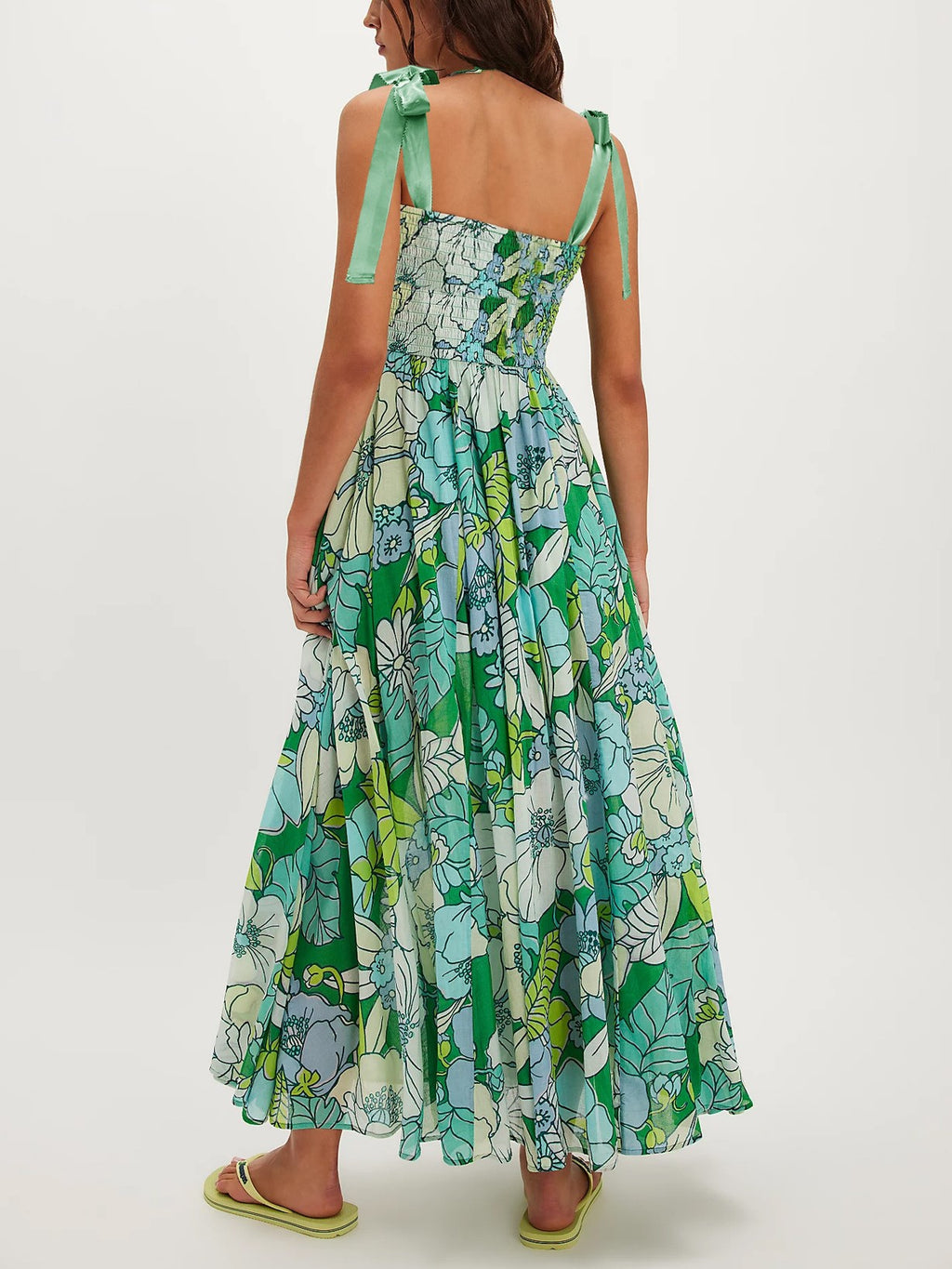 Tie Shoulder Smocked Floral Tiered Maxi Dress - Green - 1