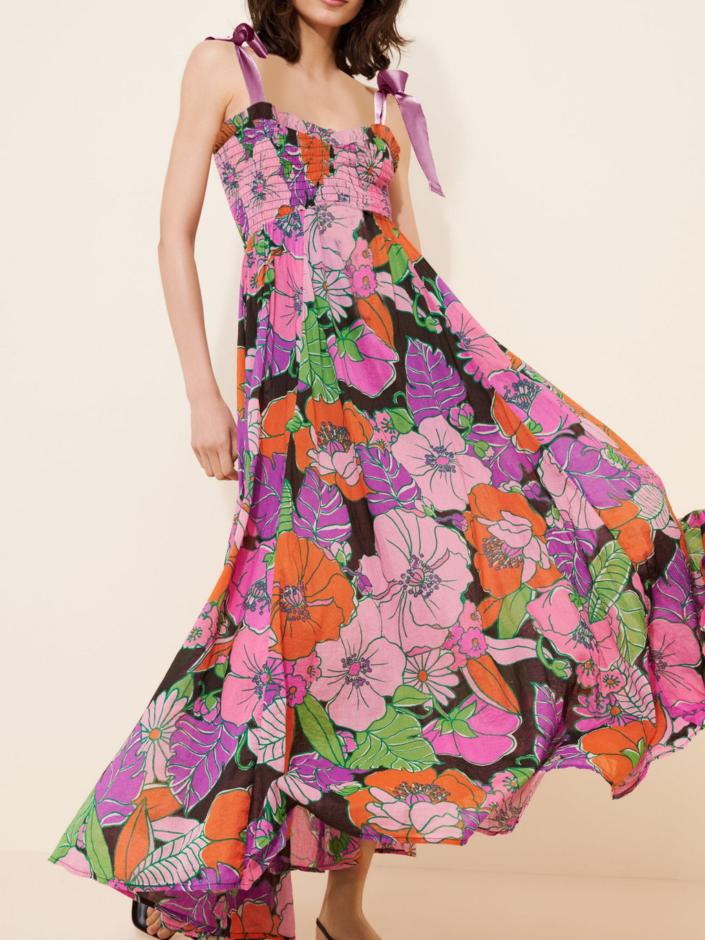 Tie Shoulder Smocked Floral Tiered Maxi Dress - Purple