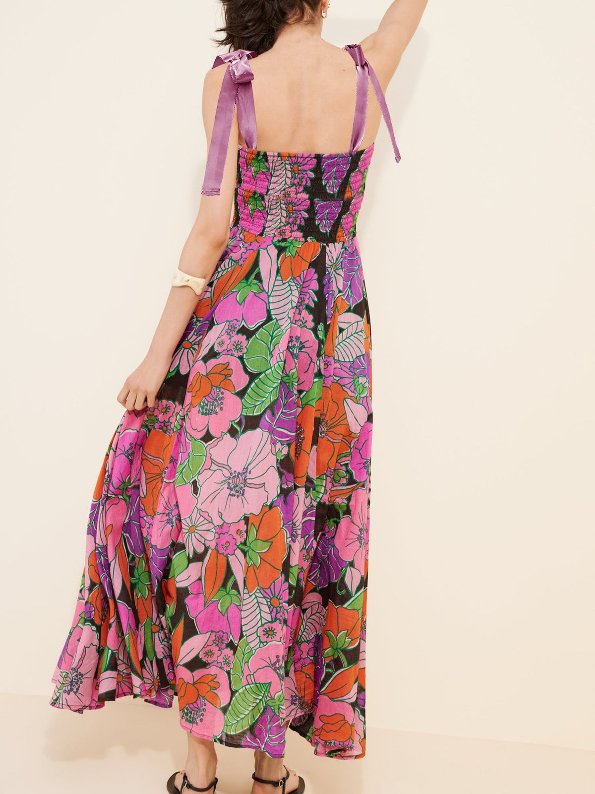 Tie Shoulder Smocked Floral Tiered Maxi Dress - Purple - 1