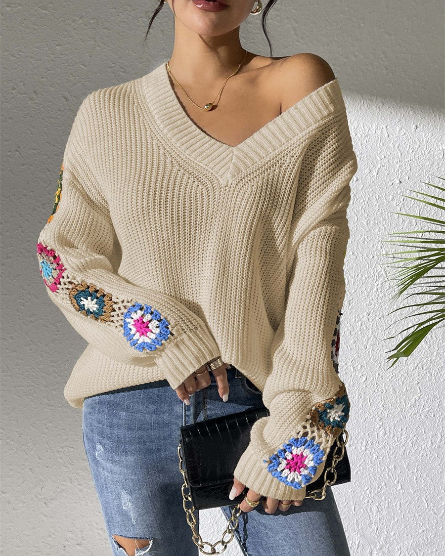 Crochet Granny Square Sleeve V-Neck Sweater - Apricot