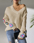 Crochet Granny Square Sleeve V-Neck Sweater - Apricot