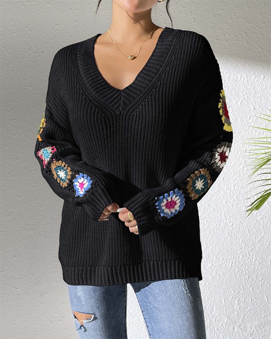 Crochet Granny Square Sleeve V-Neck Sweater - Black