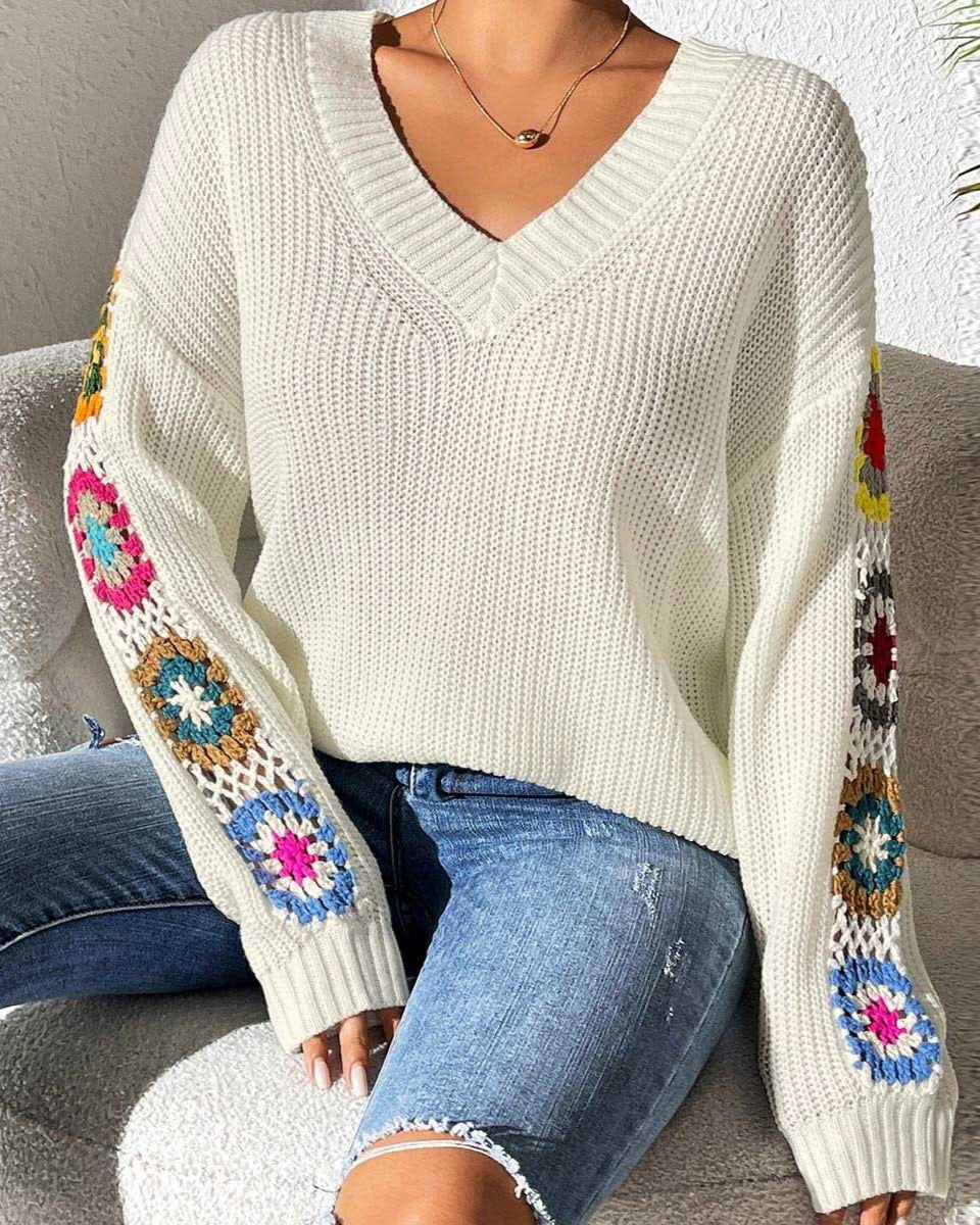 Crochet Granny Square Sleeve V-Neck Sweater - White