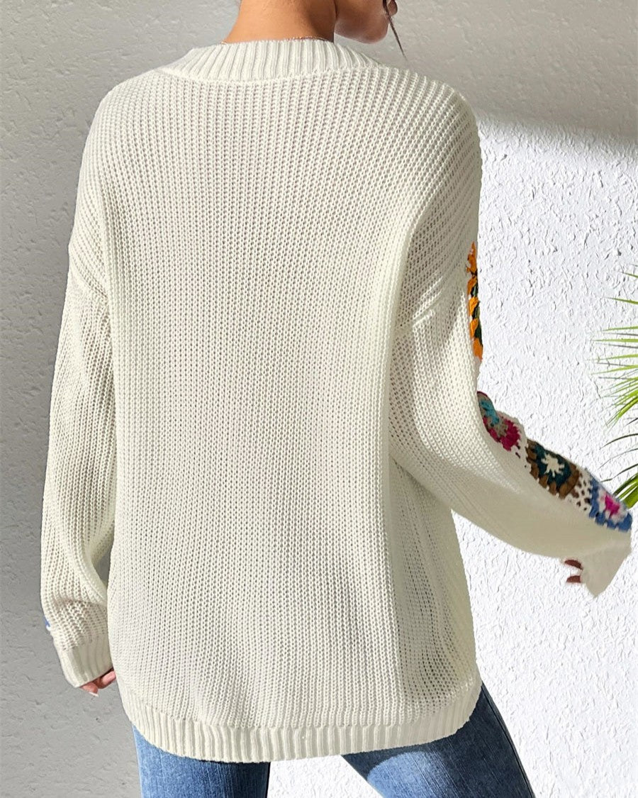Crochet Granny Square Sleeve V-Neck Sweater - White - 2