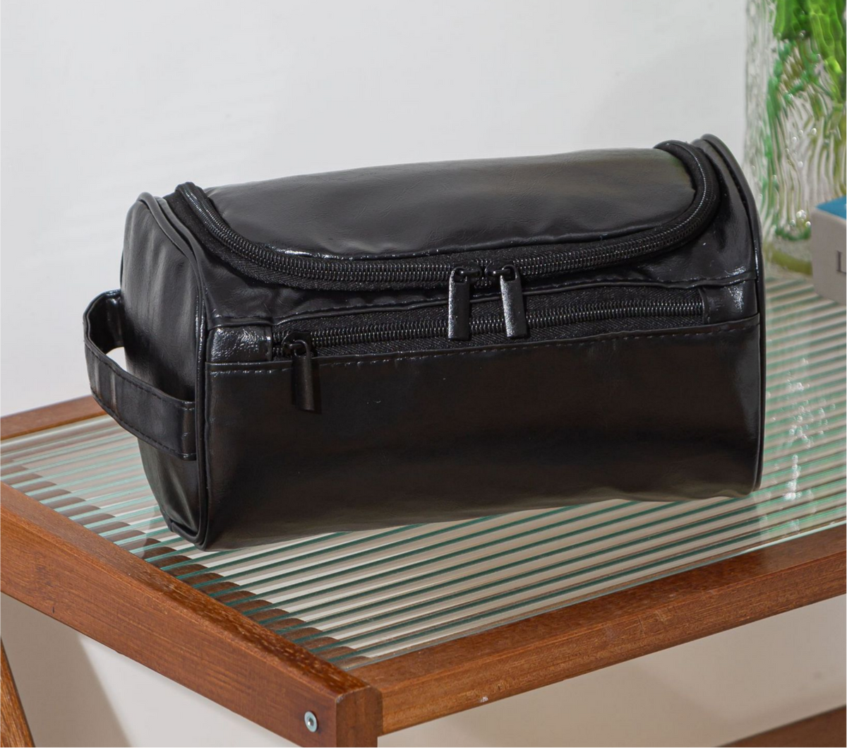 Faux Leather Hanging Travel Toiletry Bag - Black