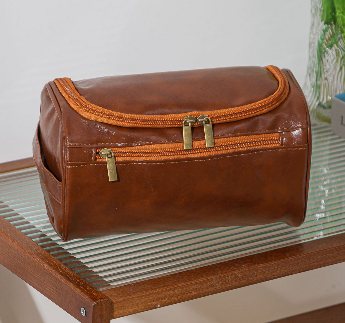 Faux Leather Hanging Travel Toiletry Bag - Brown - 1