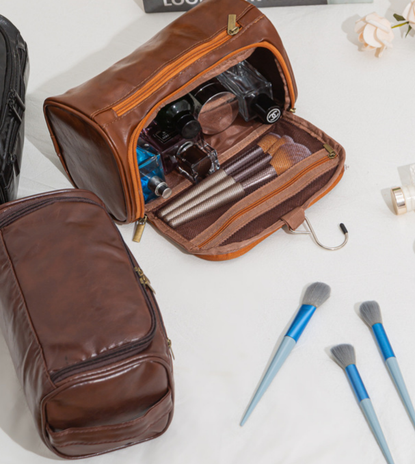 Faux Leather Hanging Travel Toiletry Bag - Brown - 2