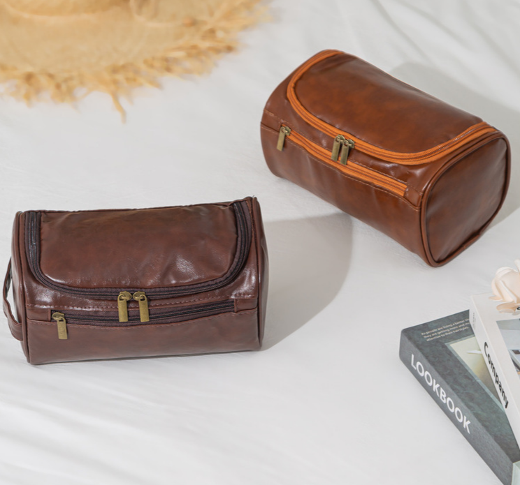 Faux Leather Hanging Travel Toiletry Bag - Brown - 3