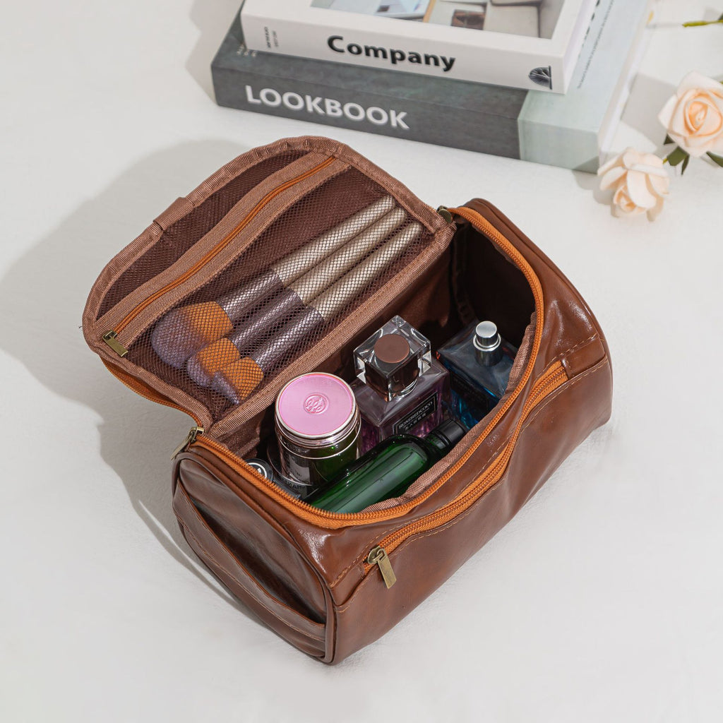 Faux Leather Hanging Travel Toiletry Bag - Brown - 7
