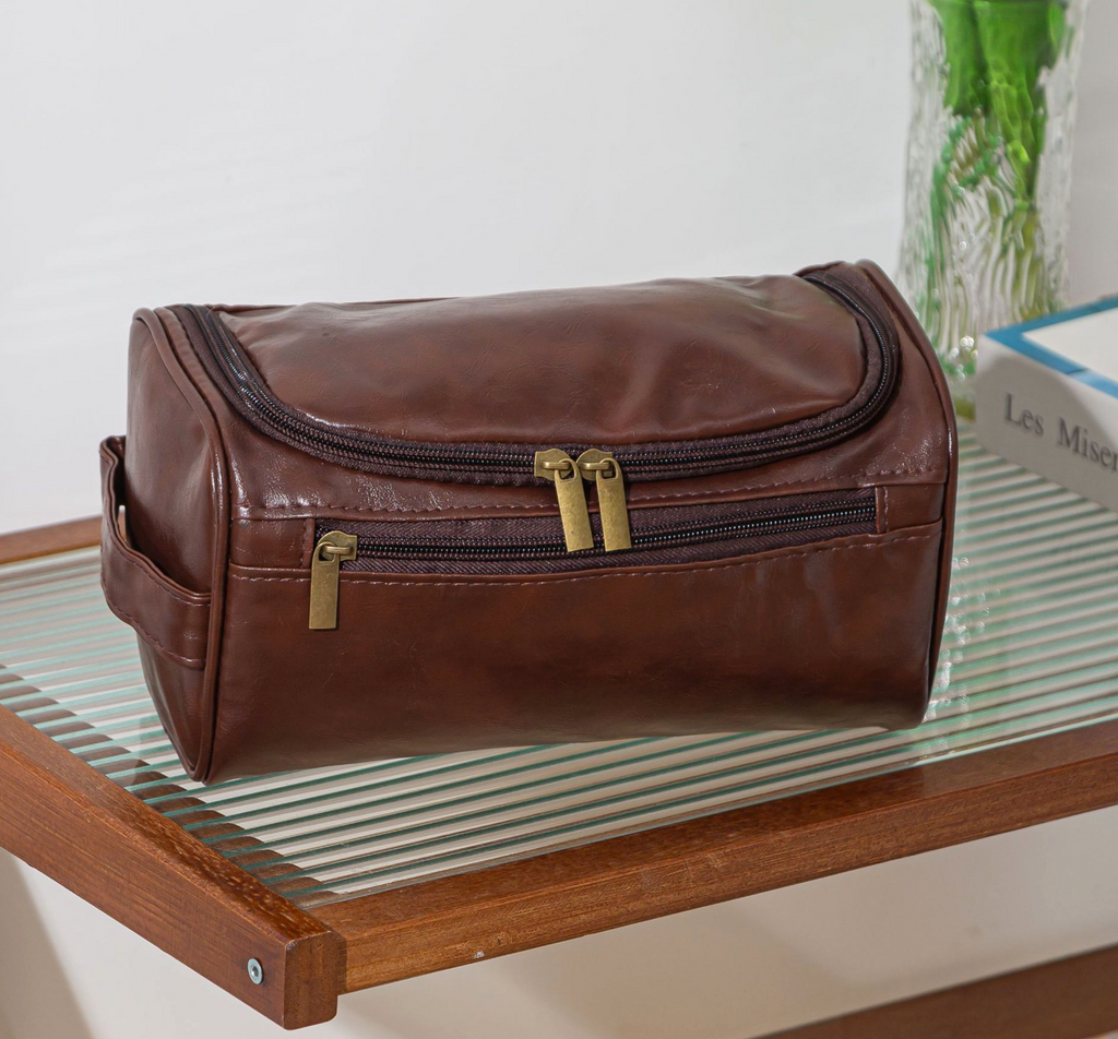 Faux Leather Hanging Travel Toiletry Bag - DBrown