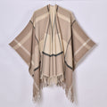 Windowpane Check Fringed Cape Poncho - beige