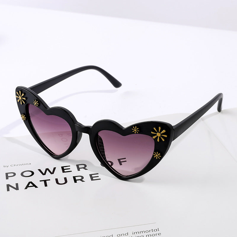 Kids Heart Shaped Flower Cat Eye Sunglasses - Black