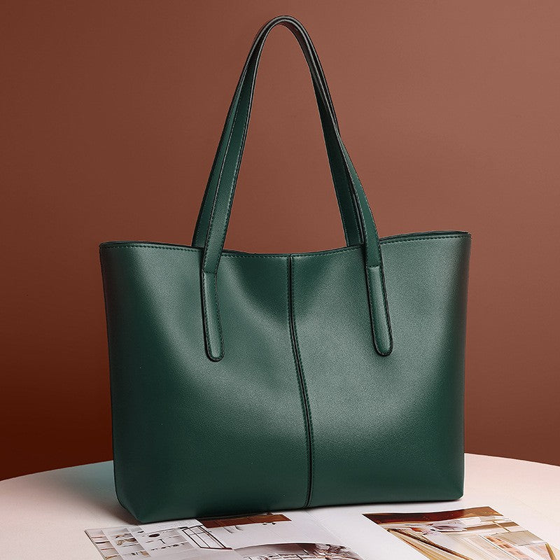 Center Seam Faux Leather Work Tote Bag - Dark Green