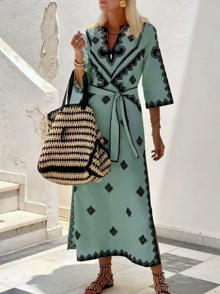 Diamond Motif Wrap Front Maxi Dress With Sash - Green
