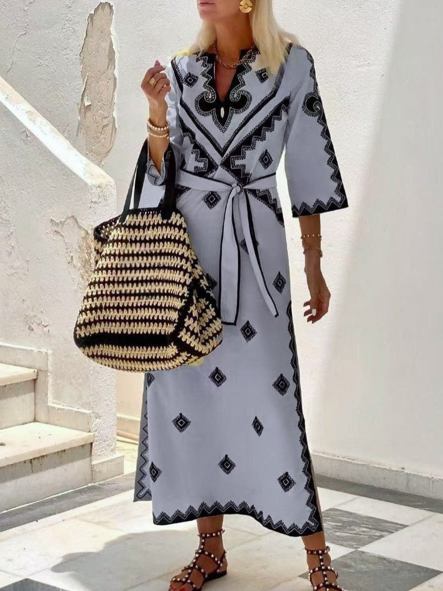 Diamond Motif Wrap Front Maxi Dress With Sash - Grey