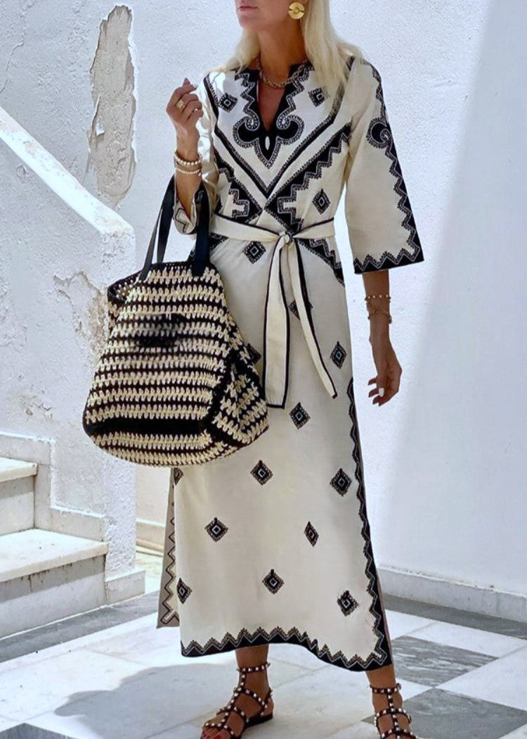 Diamond Motif Wrap Front Maxi Dress With Sash - OffWhite