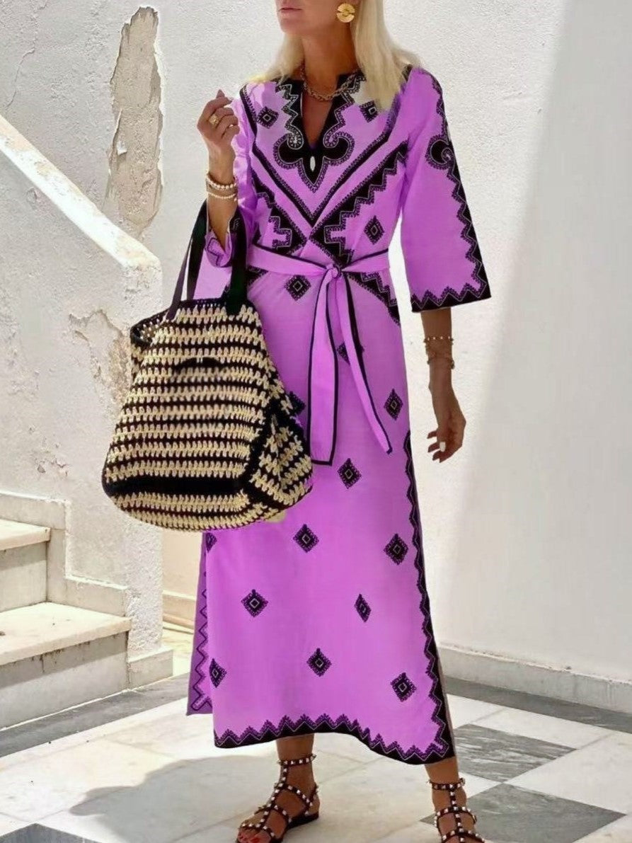 Diamond Motif Wrap Front Maxi Dress With Sash - Rose Red