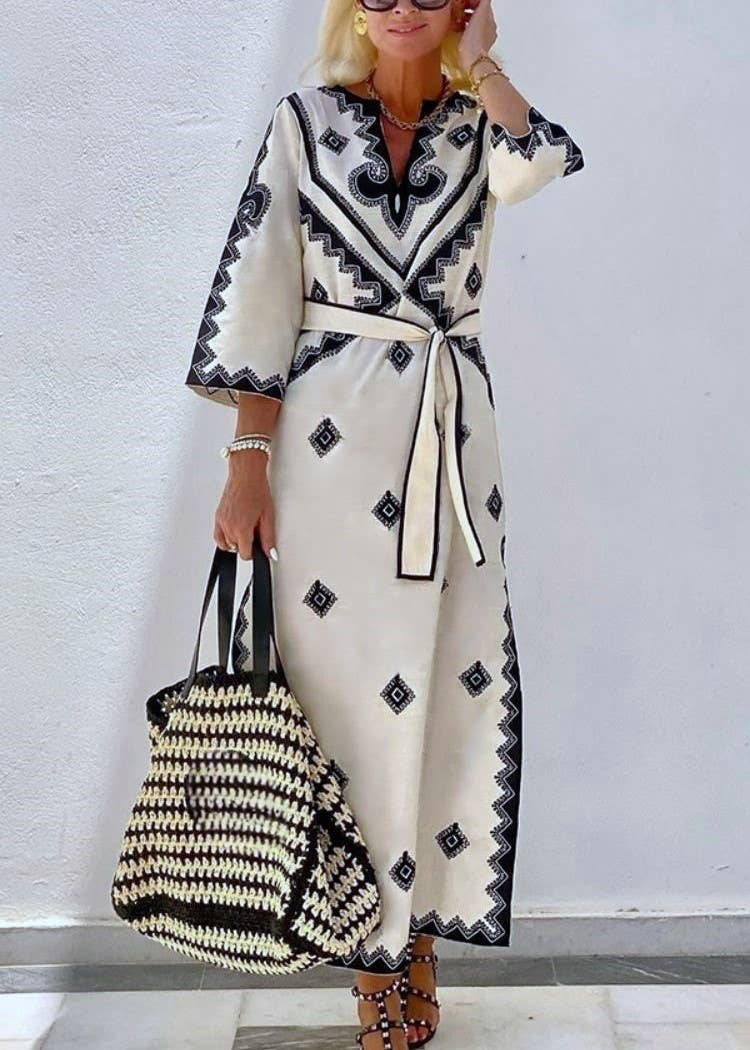 Diamond Motif Wrap Front Maxi Dress With Sash