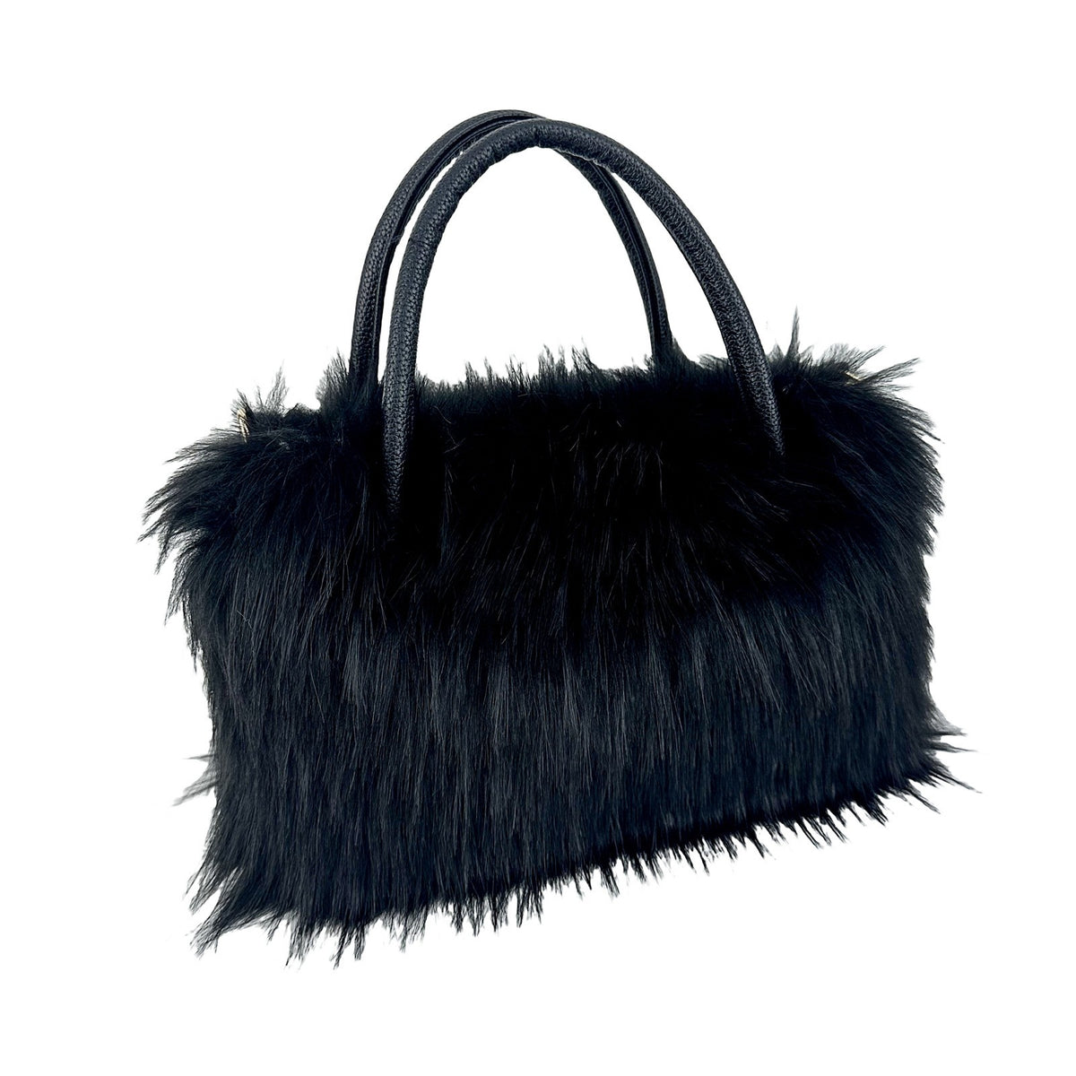 Shaggy Faux Fur Top Handle Bag with Strap - Black