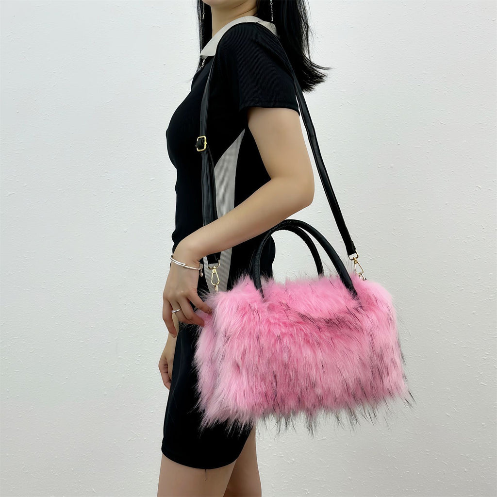 Shaggy Faux Fur Top Handle Bag with Strap