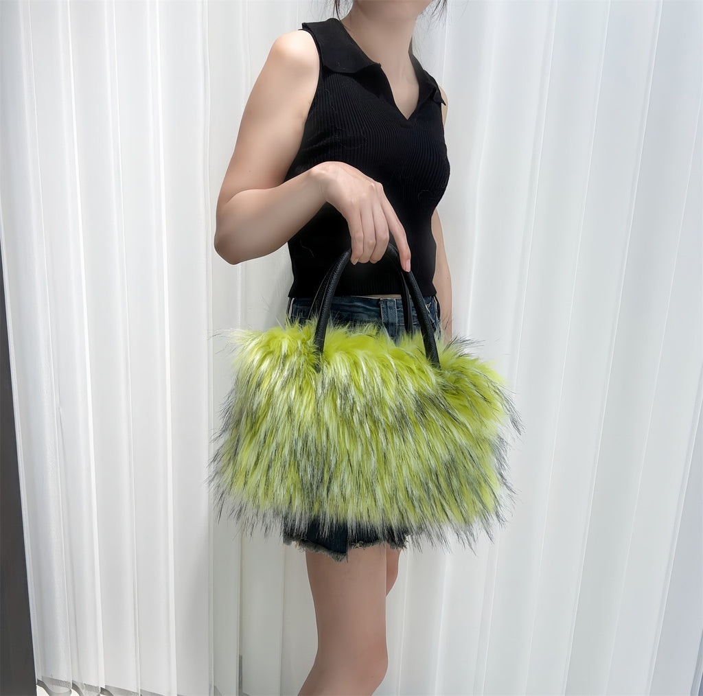 Shaggy Faux Fur Top Handle Bag with Strap