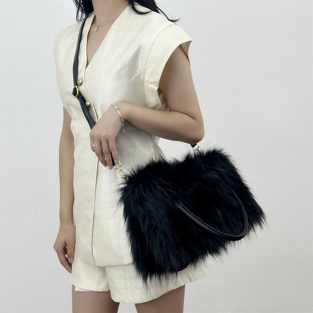Shaggy Faux Fur Top Handle Bag with Strap