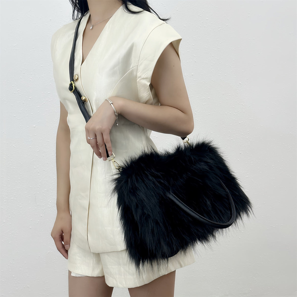 Shaggy Faux Fur Top Handle Bag with Strap