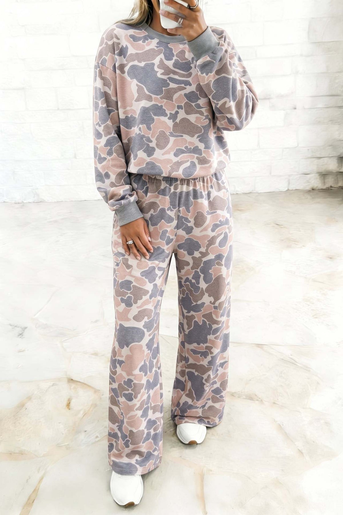 Camo Print Crewneck Sweatshirt Wide Leg Lounge Set - Grey