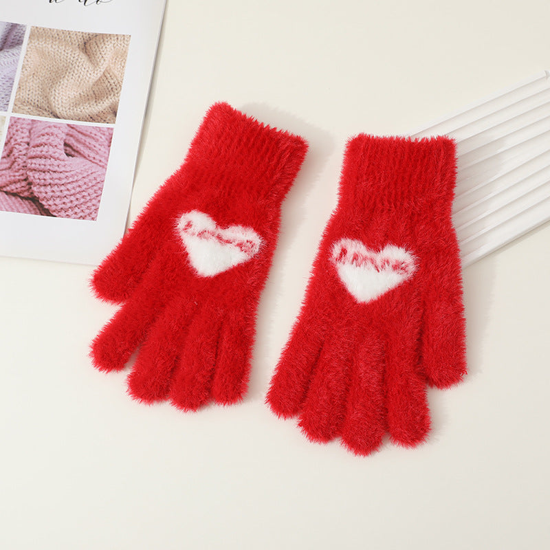 Fuzzy Knit Heart Motif Winter Gloves - Red_A
