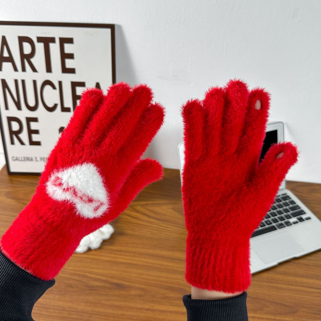 Fuzzy Knit Heart Motif Winter Gloves - Red_A - 1