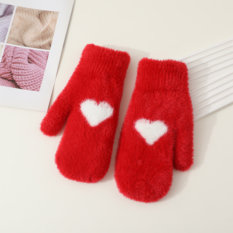 Fuzzy Knit Heart Motif Winter Gloves - Red_B - 1
