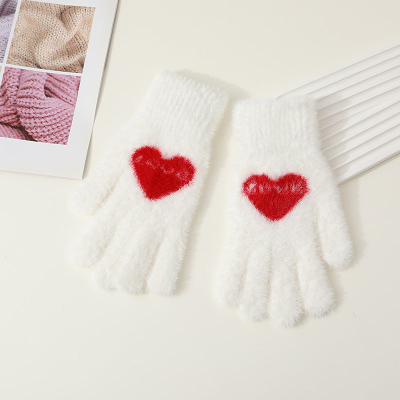 Fuzzy Knit Heart Motif Winter Gloves - White_A