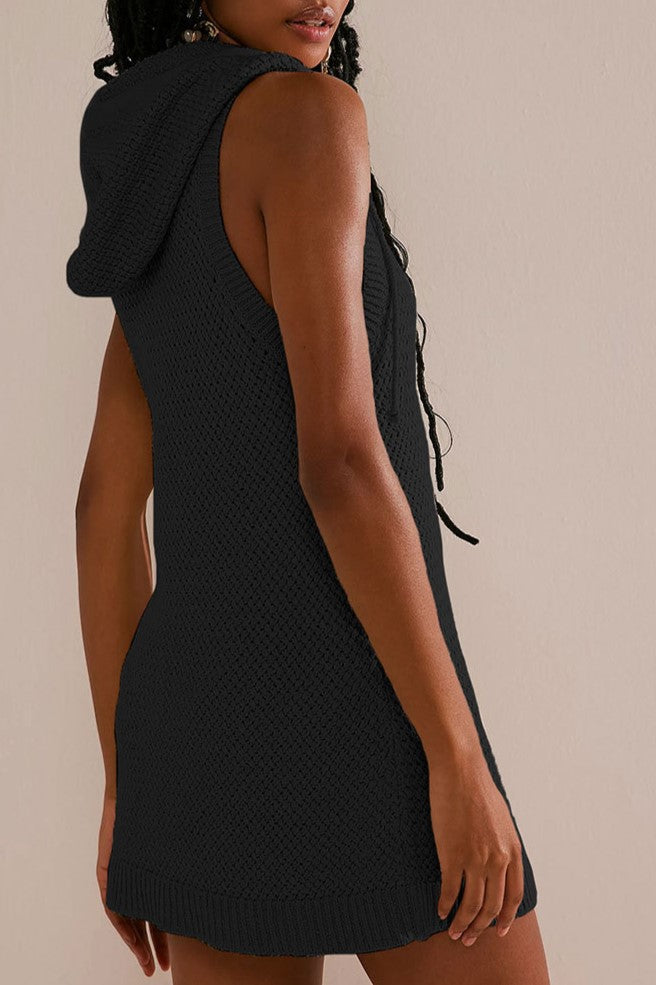 Hooded Sleeveless Knit Mini Dress - Black - 1