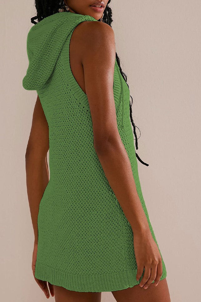Hooded Sleeveless Knit Mini Dress - Green - 1