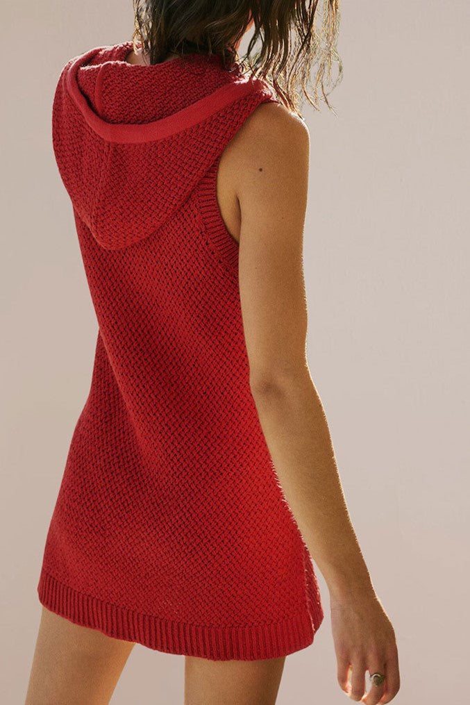 Hooded Sleeveless Knit Mini Dress - Red - 1