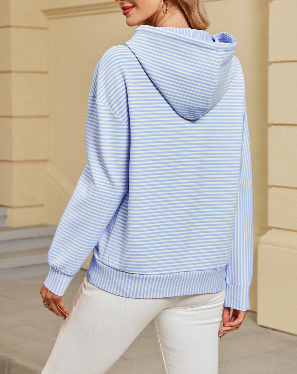 Striped Hooded Sweatshirt With Kangaroo Pocket - Blue - 1