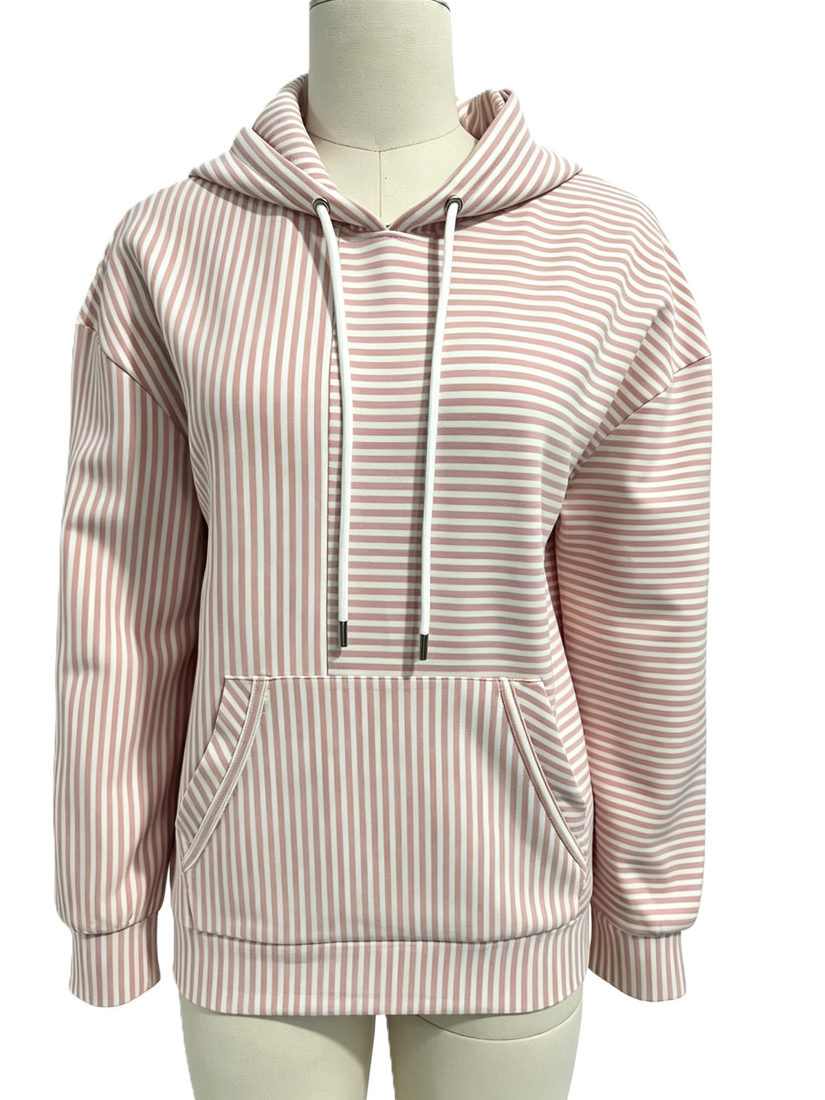 Striped Hooded Sweatshirt With Kangaroo Pocket - Pink