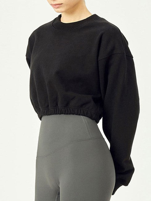 Puff Sleeve Cropped Pullover Sweatshirt - Black