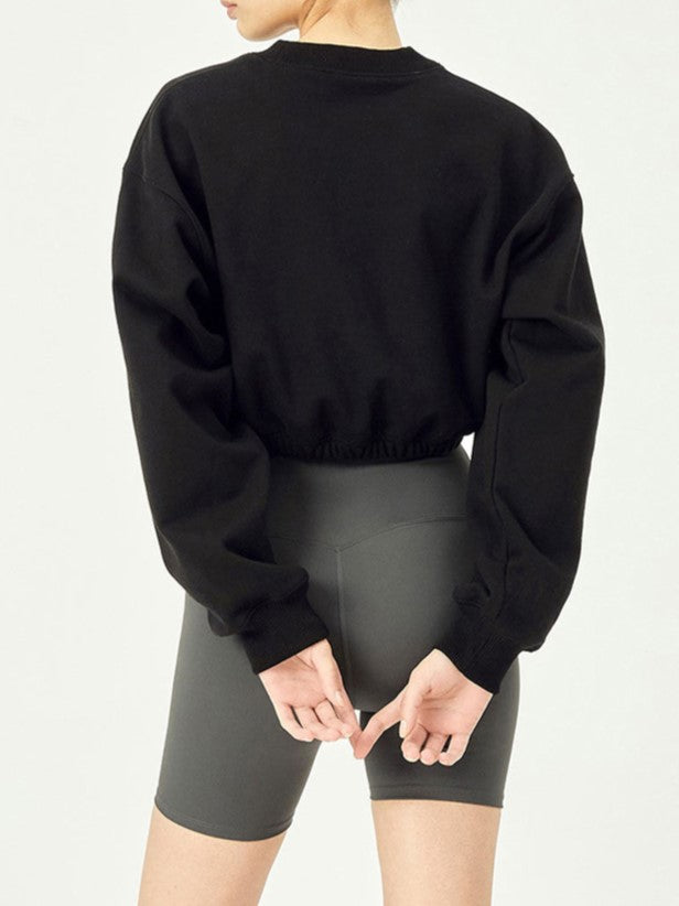 Puff Sleeve Cropped Pullover Sweatshirt - Black - 3