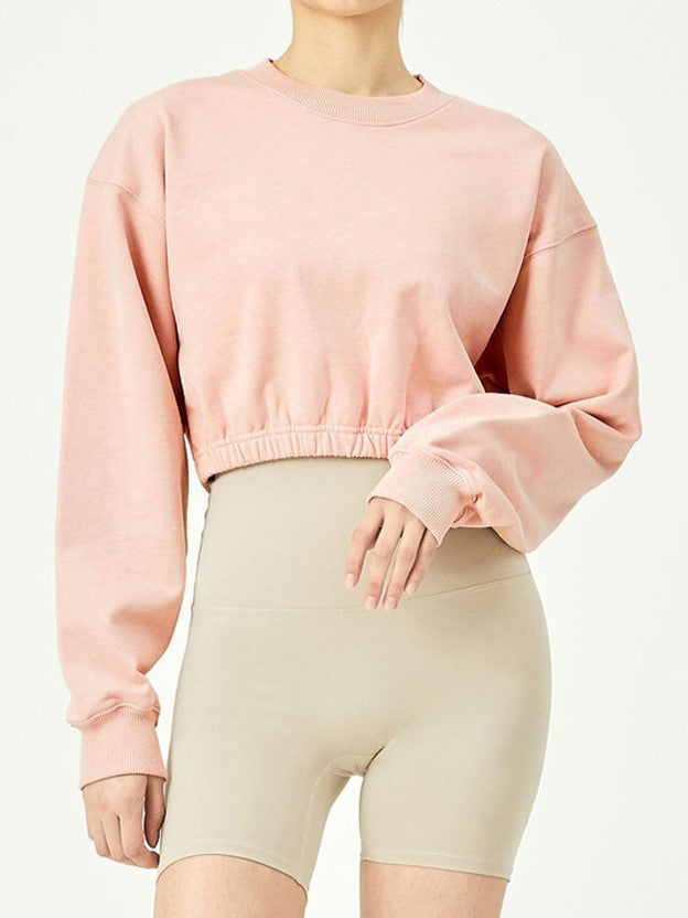 Puff Sleeve Cropped Pullover Sweatshirt - Pink - 1