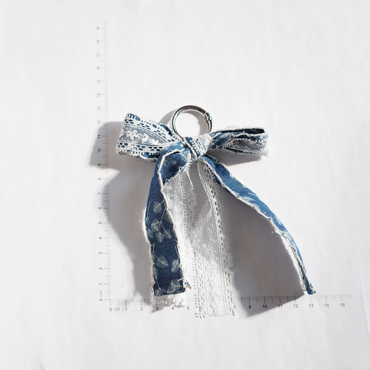 Denim Print Bow Lace Ribbon Keychain - Darkblue