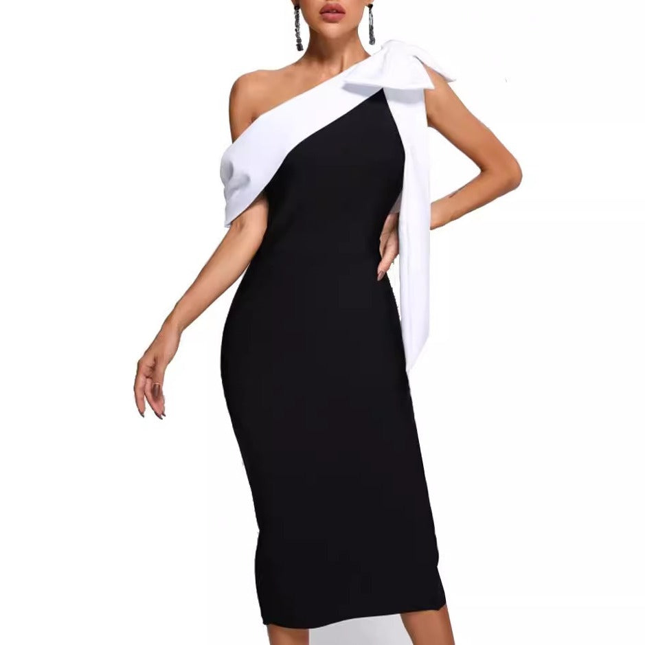 Contrast Bow One Shoulder Bandage Midi Dress