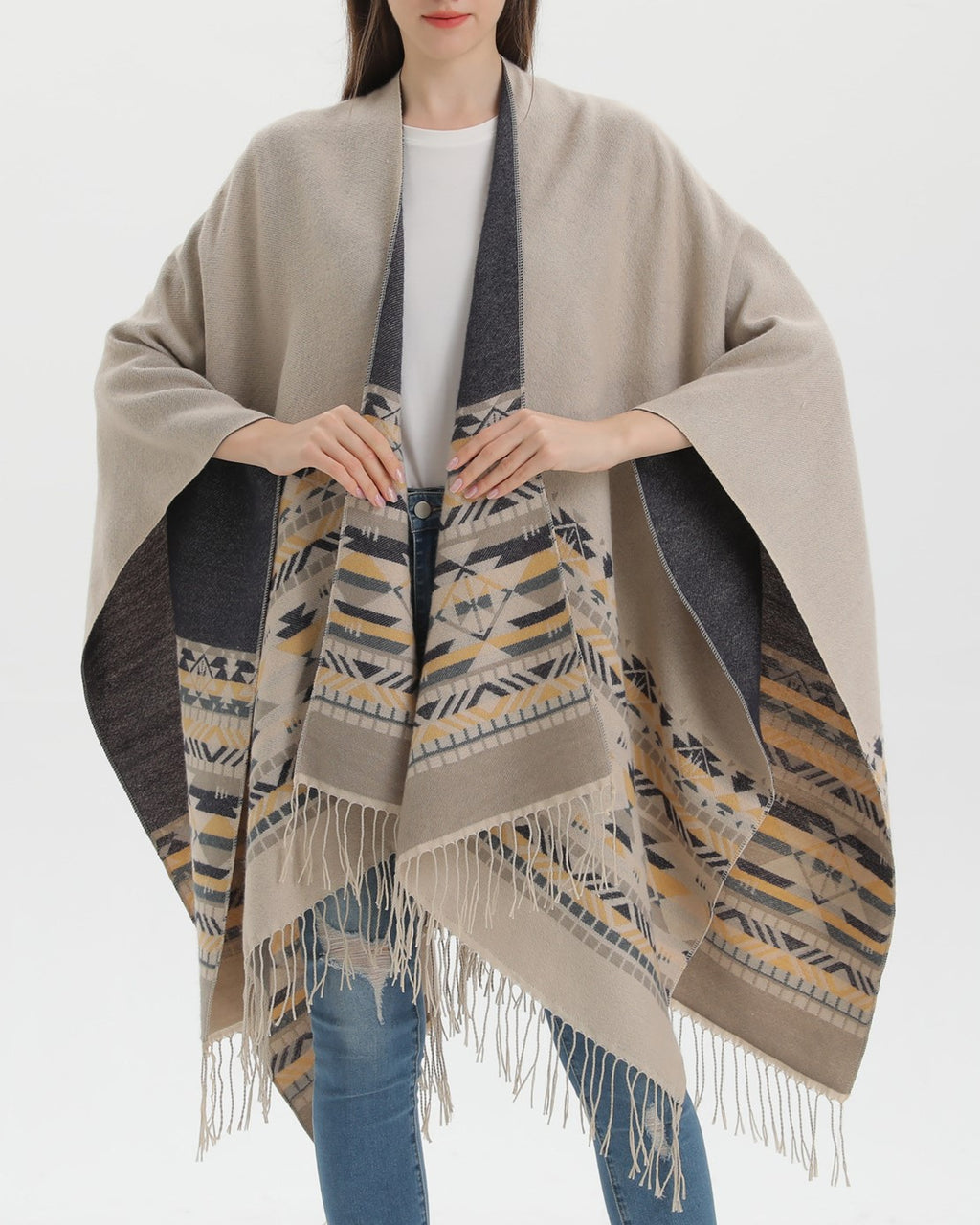 Western Border Print Fringed Wrap - beige