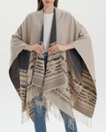 Western Border Print Fringed Wrap - beige