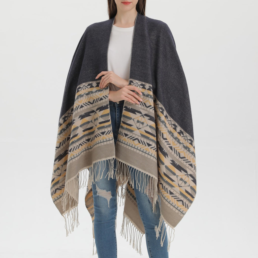 Western Border Print Fringed Wrap - beige - 10