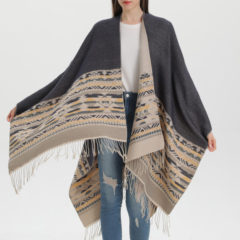 Western Border Print Fringed Wrap - beige - 11