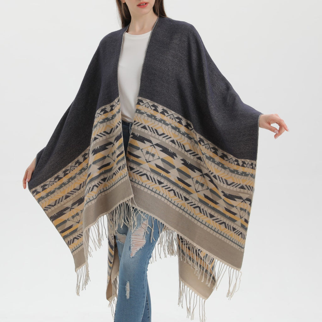 Western Border Print Fringed Wrap - beige - 12